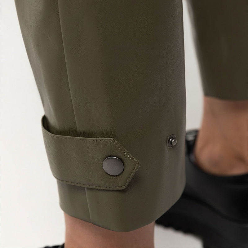 Fashion High-waist Slim-fit PU Leather Cropped Trousers