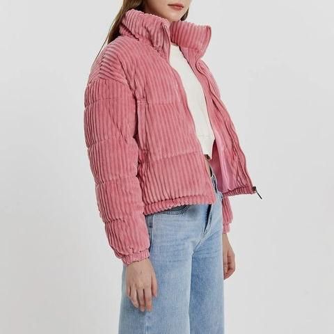 Pink Striped Corduroy Women Turtleneck Puffer Jacket