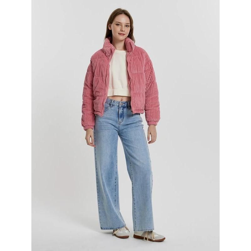 Pink Striped Corduroy Women Turtleneck Puffer Jacket