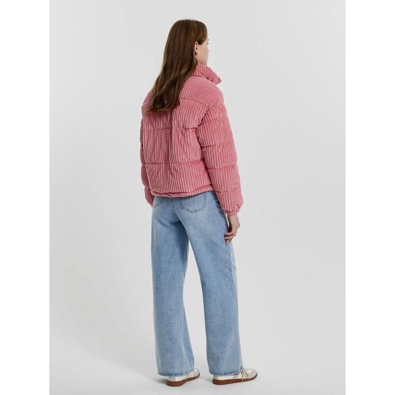 Pink Striped Corduroy Women Turtleneck Puffer Jacket