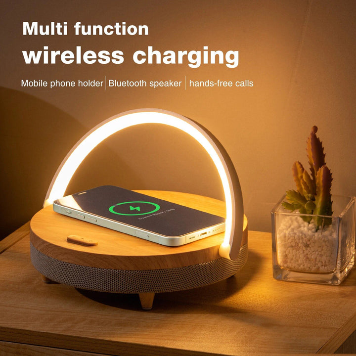 3-in-1 Wooden Wireless Charger with LED Lamp & Bluetooth Speaker