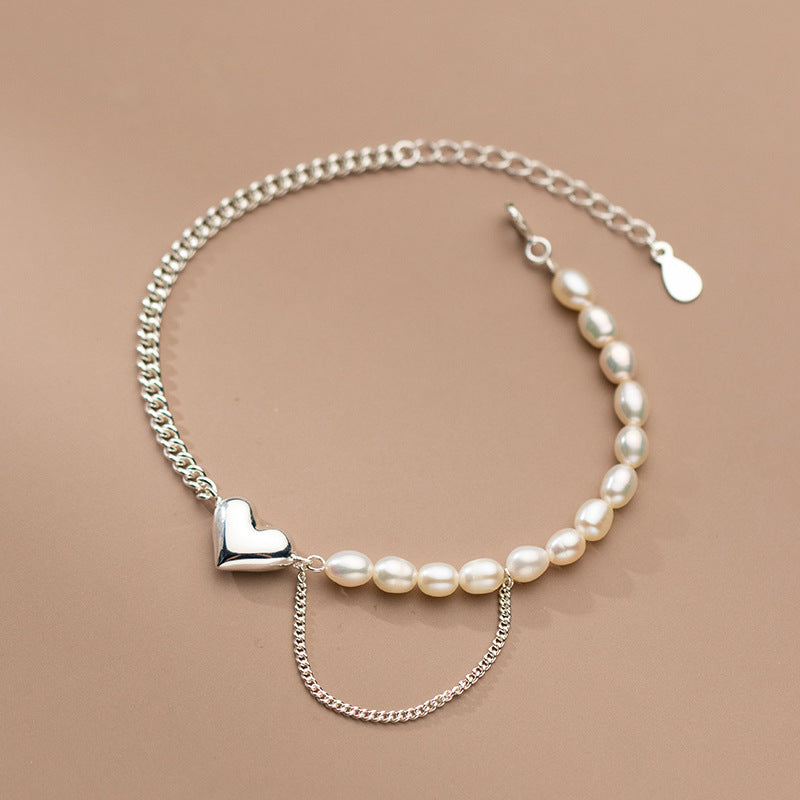 Silver Love Pearl Chain Bracelet Heart Shape