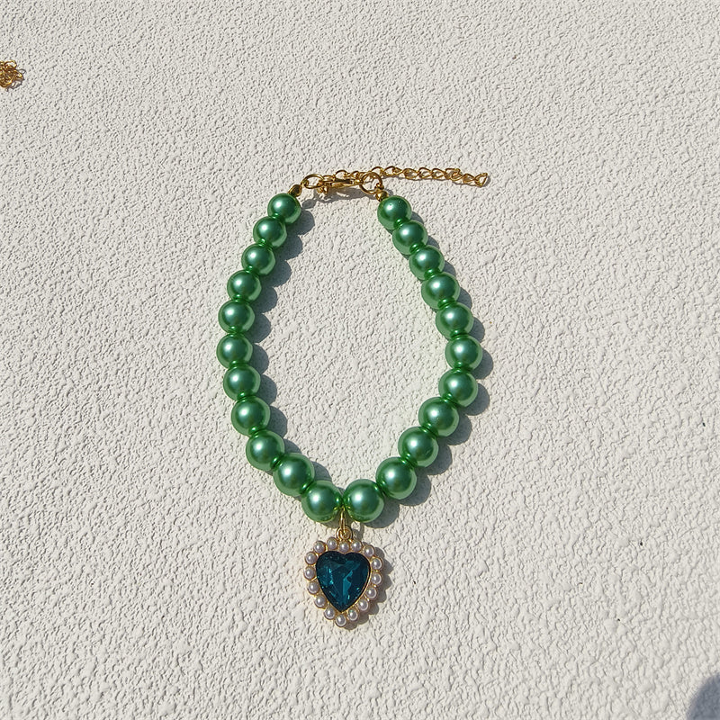 Cute Adjustable Pearl Pet Collar with Peach Heart Pendant for Small Dogs and Cats