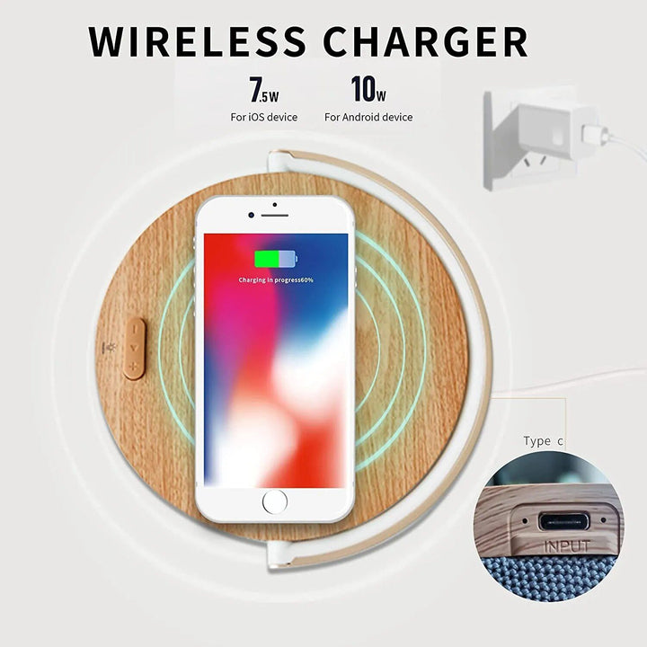 3-in-1 Wooden Wireless Charger with LED Lamp & Bluetooth Speaker
