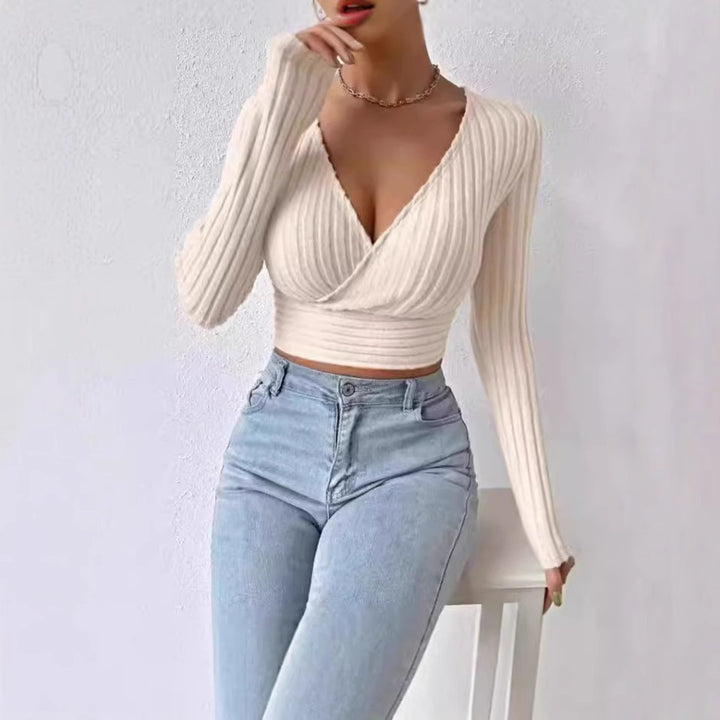 Short Deep V-neck Slim-fit Long Sleeve Knitted Sweater
