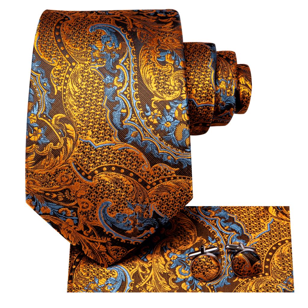 Luxury Silk Floral Black Gold Paisley Tie Set with Pocket Square & Cufflinks