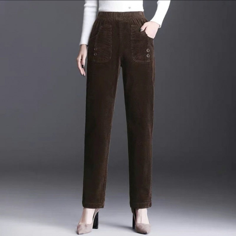 Polyester Straight-leg Pants Women's High Waist Spring And Autumn Thickening Needlecord