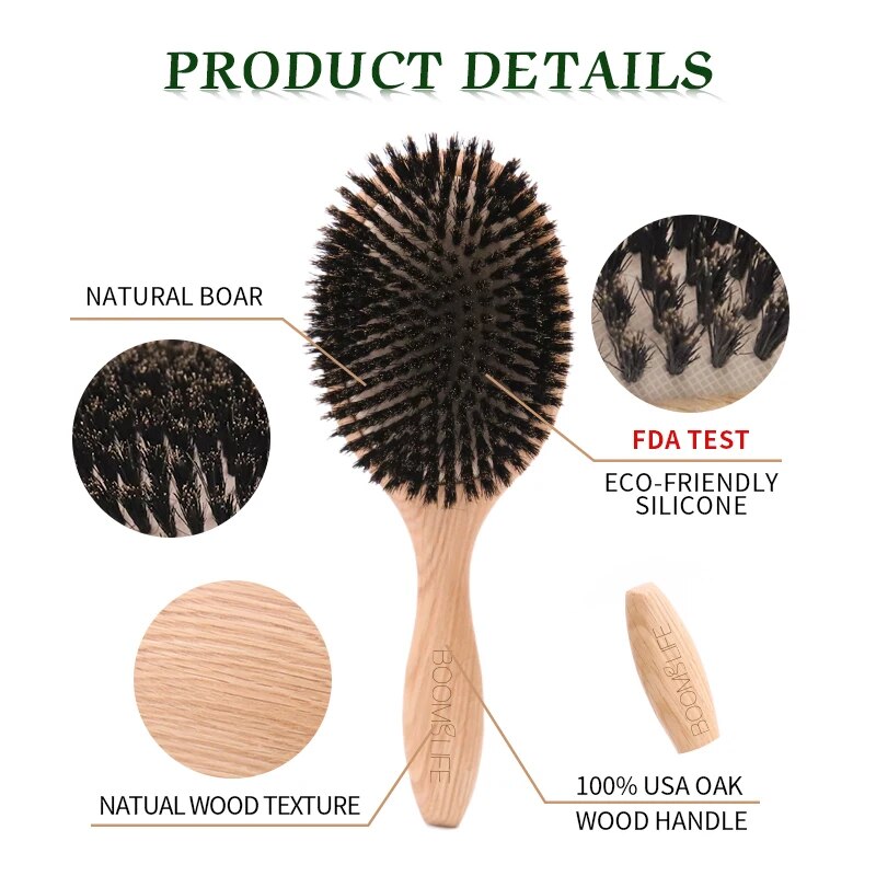 Oak Wood Boar Bristle Hair Brush for Detangling and Scalp Massage