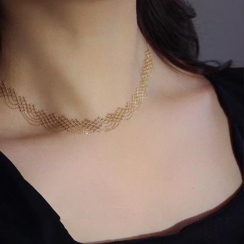 Silver Laser Gold Beans Lace Water Wave Pattern Temperament Clavicle Chain