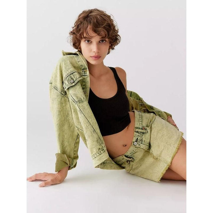 Y2K Retro Green Denim Bomber Jacket