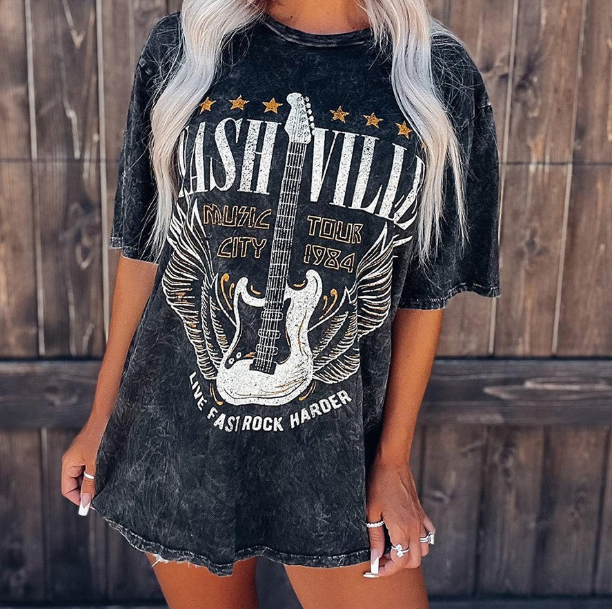 Personalized Solid Color Guitar Vintage Print Pullover Round Neck Mid-length Short Sleeve Women