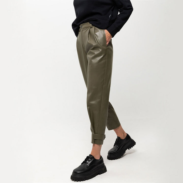 Fashion High-waist Slim-fit PU Leather Cropped Trousers