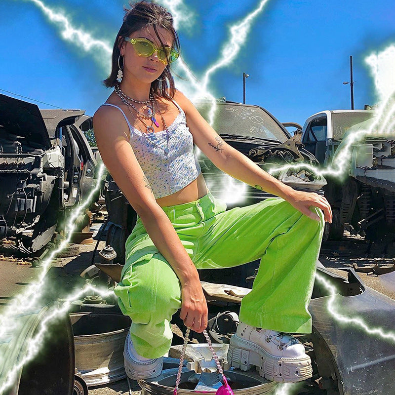 Rapcopter Green Corduroy Pants For Women Big Pockets Cargo Pants Y2K Retro Style Trousers Autumn Winter High Waist Pants 90S