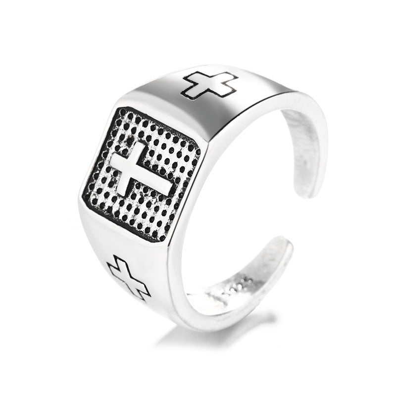 S925 Sterling Silver Cross Marcasite  Punk Men's Ring