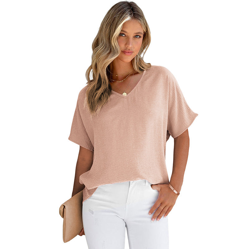 Leisure All-matching Solid Color T-shirt Loose Pullover V-neck Short-sleeved Top