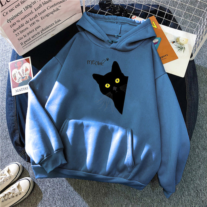 Personalized Black Cat Hooded Sweater Fleece Padded Coat Plus Size