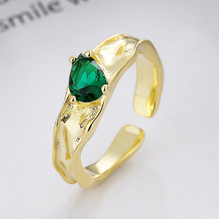 S925 Sterling Silver Shaped Green Zircon Irregular Ring