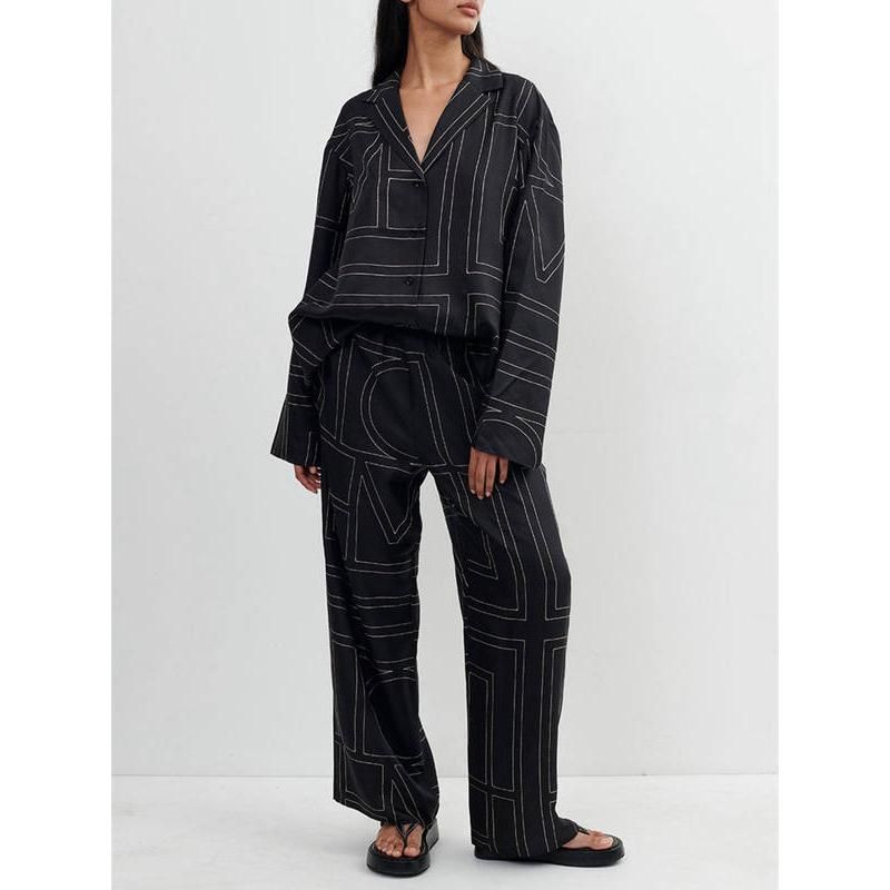 Women's Chic Geometric Print Pajama-Style Shirt and Trousers/Shorts Set