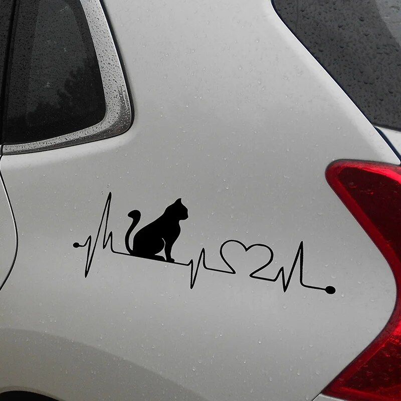 Cat Electrocardiogram Car Decal – Cute EKG Cat Cartoon Sticker for Vehicles & Home Decor