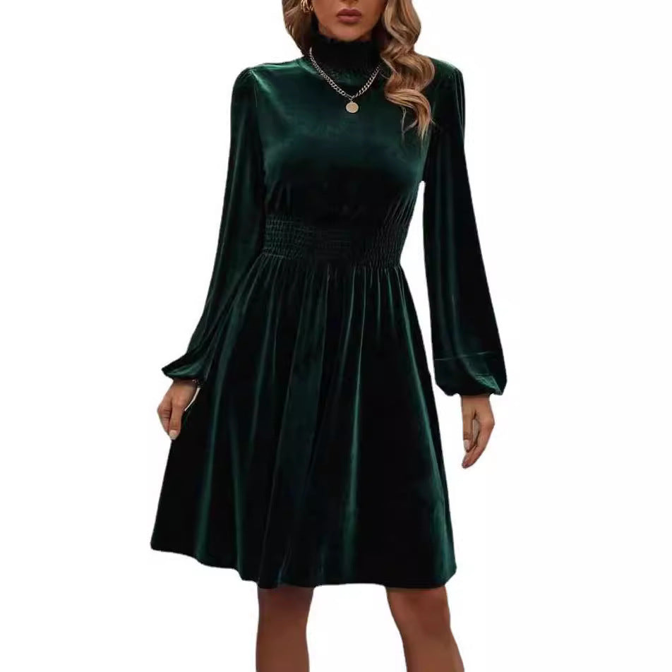 Graceful Stand Collar Solid Color Velvet Long Sleeve Dress