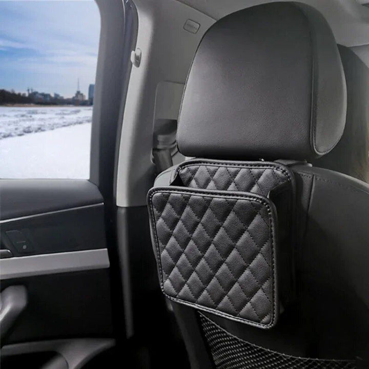 Luxury Leather Car Seat Back Organizer with Phone and Umbrella Holder