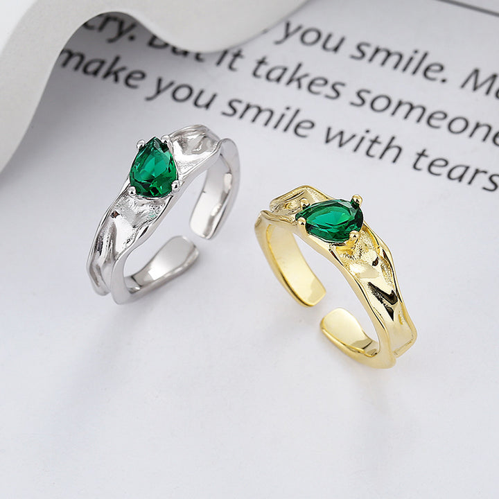 S925 Sterling Silver Shaped Green Zircon Irregular Ring