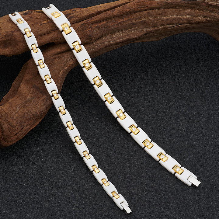 White Ceramic Inlaid Rhinestone Gold Couple Ochre Bracelet