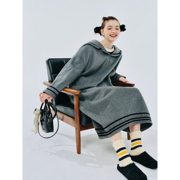 Women's Gray Navy Collar Woolen Pullover Coat