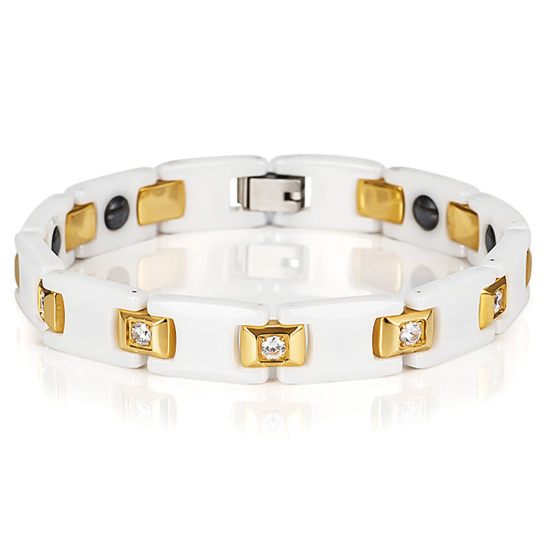 White Ceramic Inlaid Rhinestone Gold Couple Ochre Bracelet