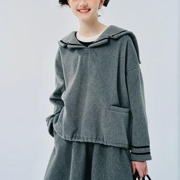 Women's Gray Navy Collar Woolen Pullover Coat