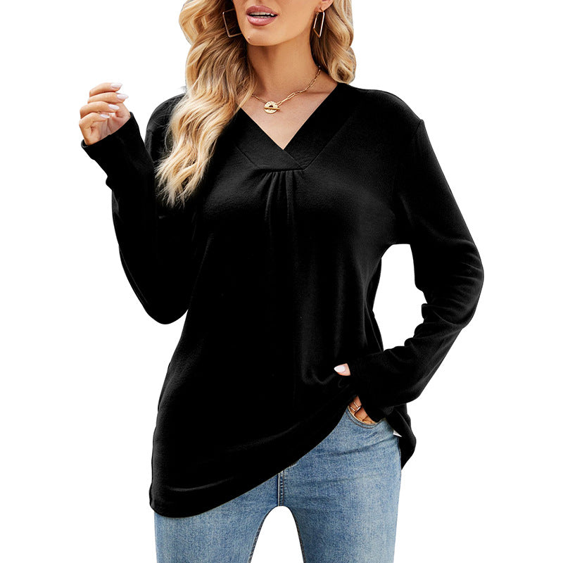 Women's Casual V Neck Long Sleeve Loose T Shirt In Solid Color