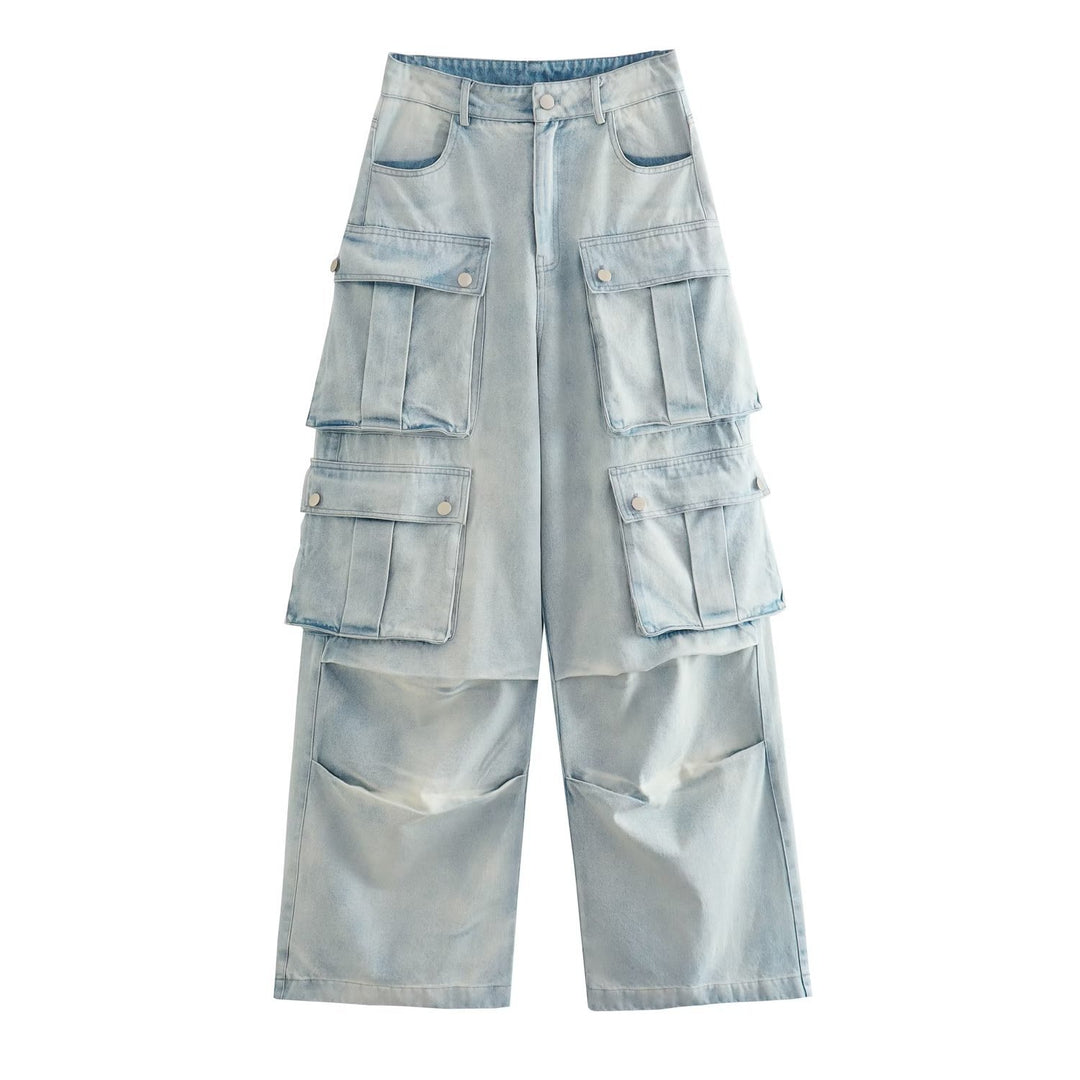 Multi-pocket Overalls Mid-waist Jeans