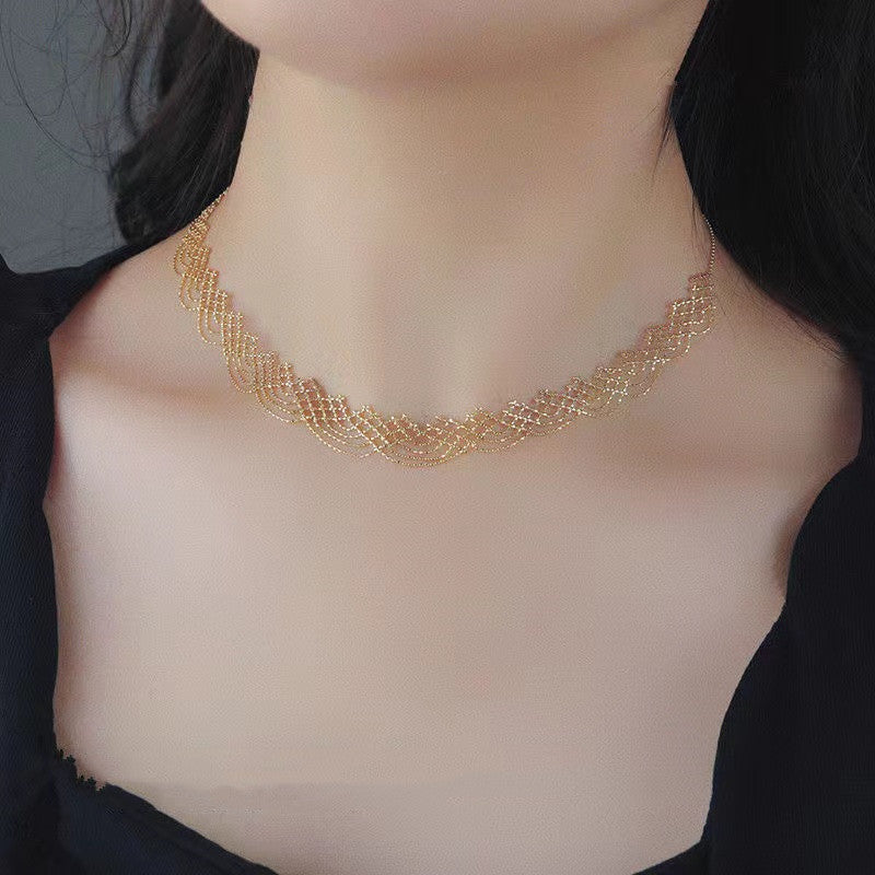Silver Laser Gold Beans Lace Water Wave Pattern Temperament Clavicle Chain