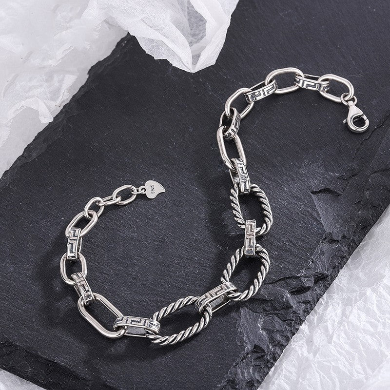 S925 Silver Bracelet Classic Great Wall Print Personality Punk Style