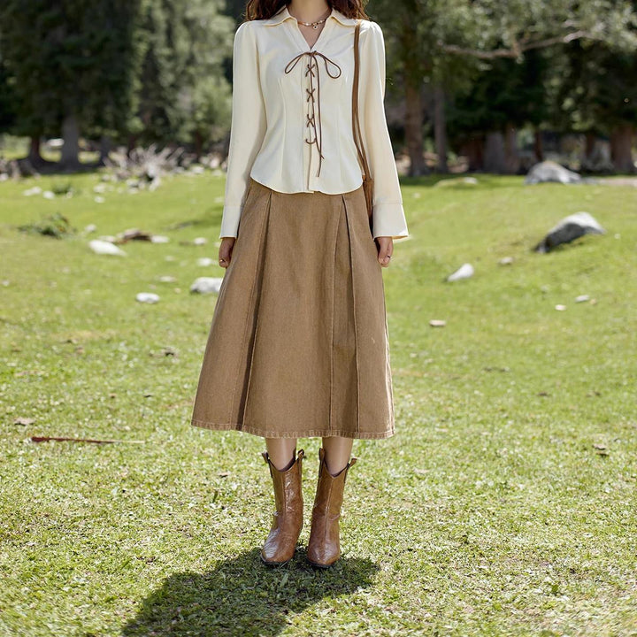 Elegant High-Waisted A-Line Cotton Suspender Skirt