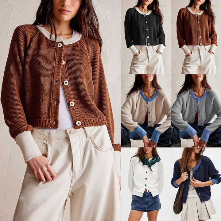 Women's Contrast Color Round Neck Knitwear Single Row Button Coat