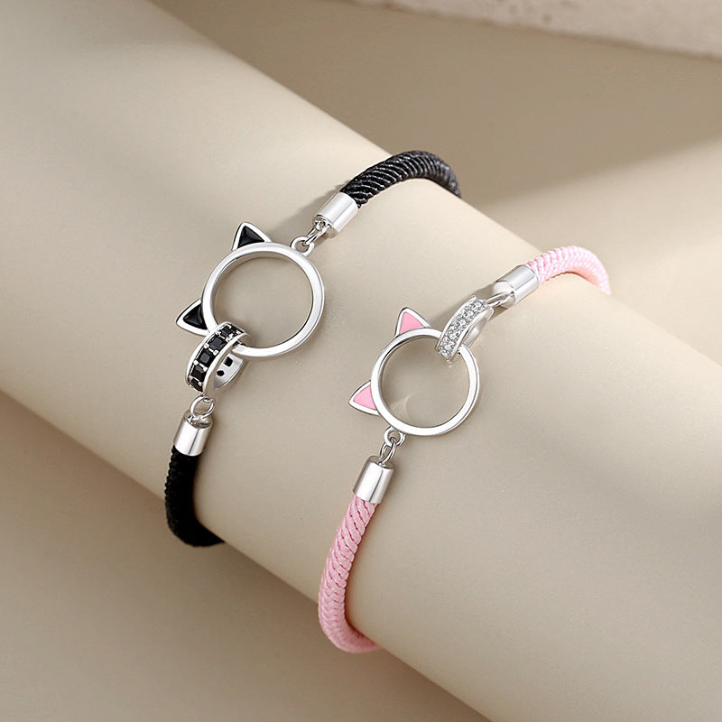 Hollow Out Cat Double Couple Bracelet With Silver Cartoon Minimalist Bracelet