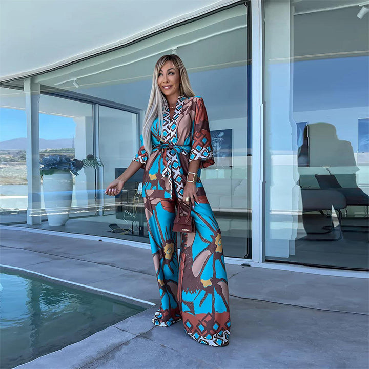 Printed Cropped Sleeve Cardigan Wide Leg Pants Suit