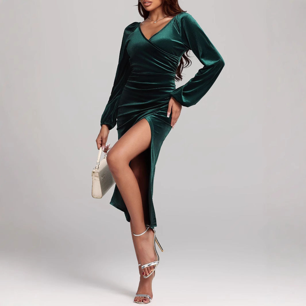 V-neck Velvet Dress Pleated Split Dress