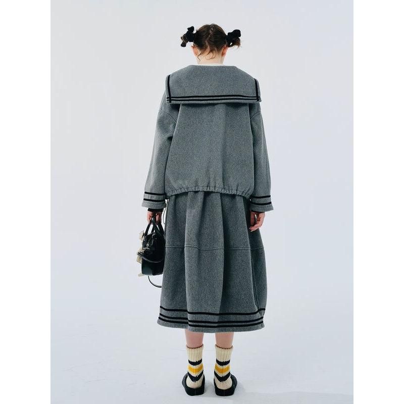 Women's Gray Navy Collar Woolen Pullover Coat
