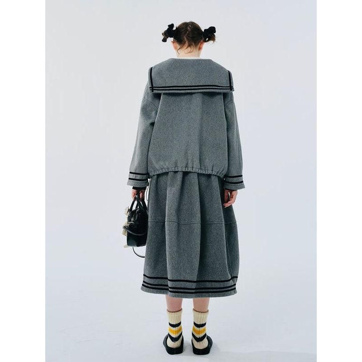 Women's Gray Navy Collar Woolen Pullover Coat