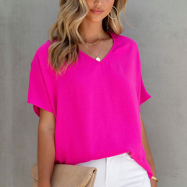 Leisure All-matching Solid Color T-shirt Loose Pullover V-neck Short-sleeved Top