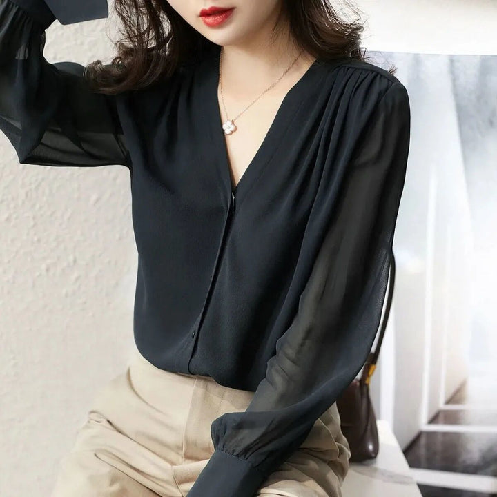 Vintage Simple Slim V-neck Long Sleeve Temperament Shirt