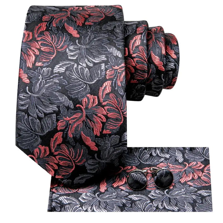 Elegant Floral Black and Red Silk Necktie Set for Men