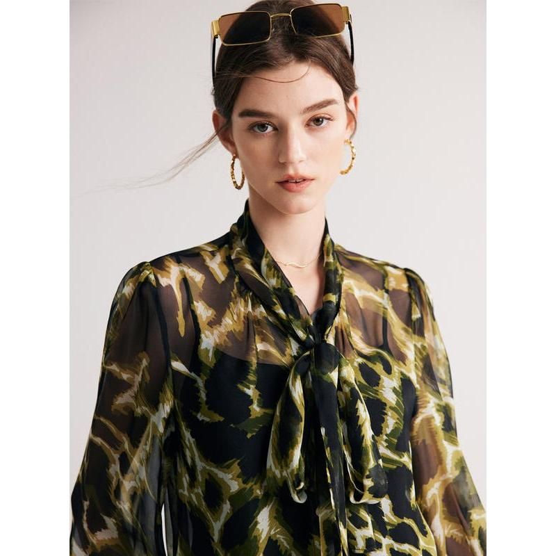 Chic Silk Blend Camouflage Bow Collar Blouse