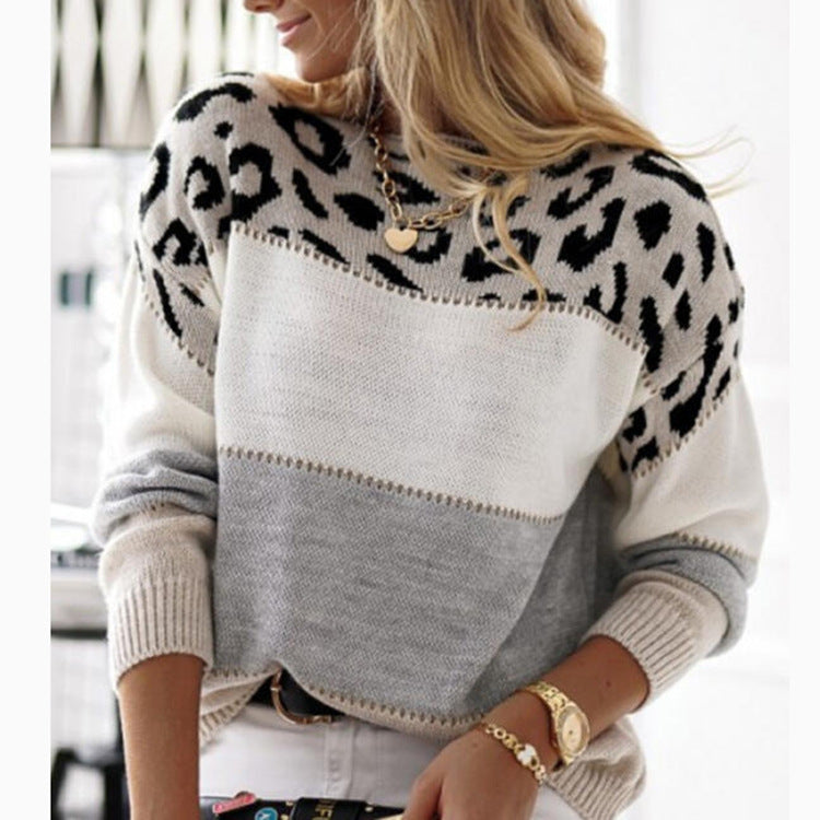 Women's Leopard Print Color-block Crew Neck Casual Sweater Long Sleeve Bottoming Shirt