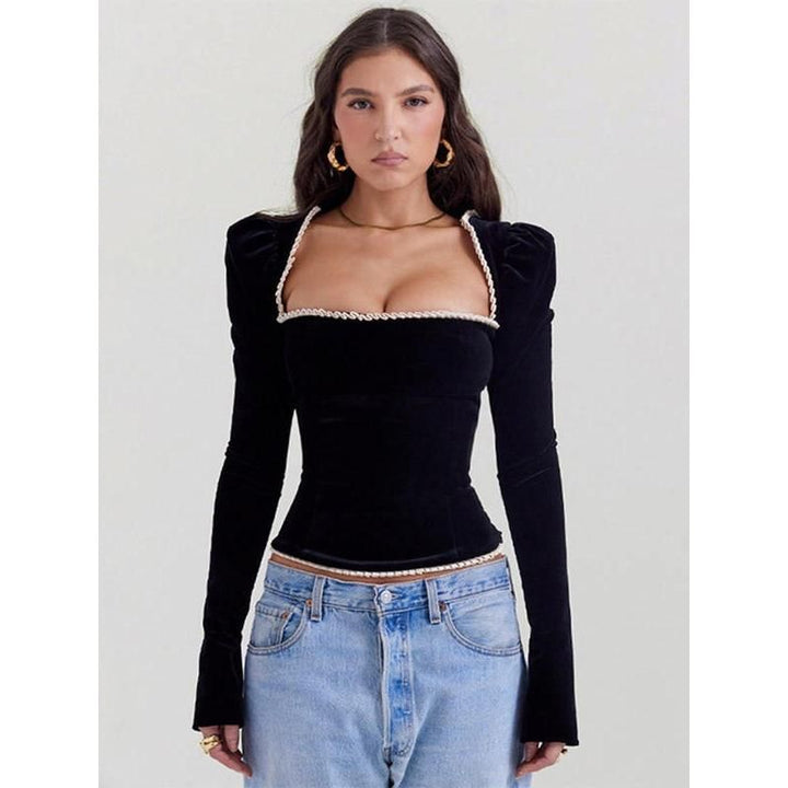 Backless Square Collar Sexy T-Shirt with Shoulder Pads