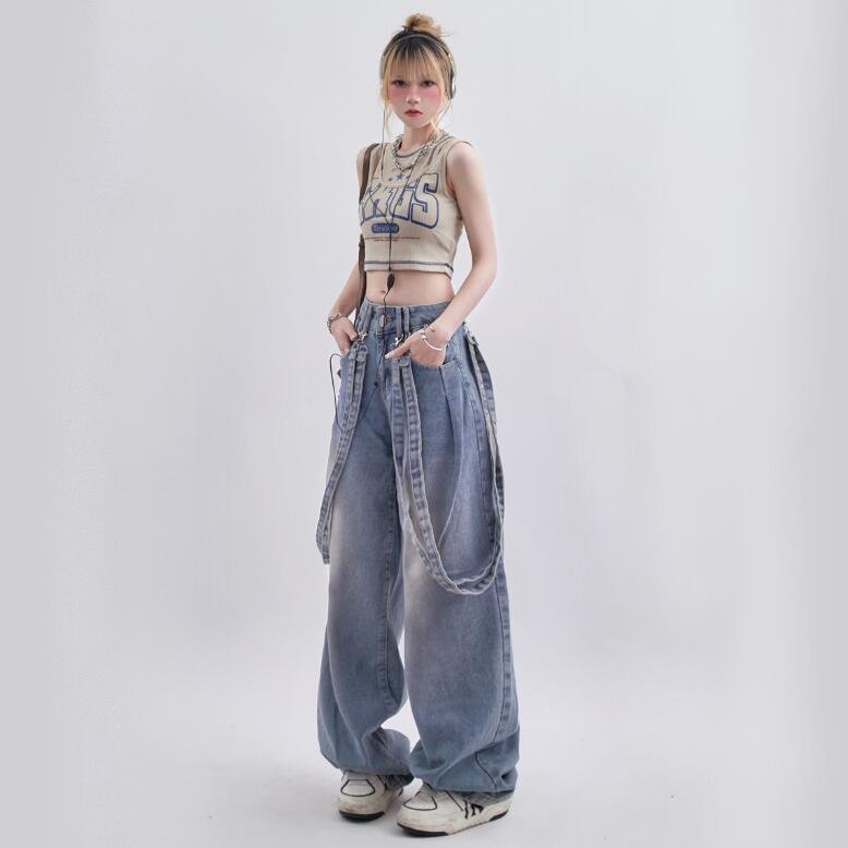 Spring Retro Minority Ribbon Design Versatile Washed Distressed Casual Pants