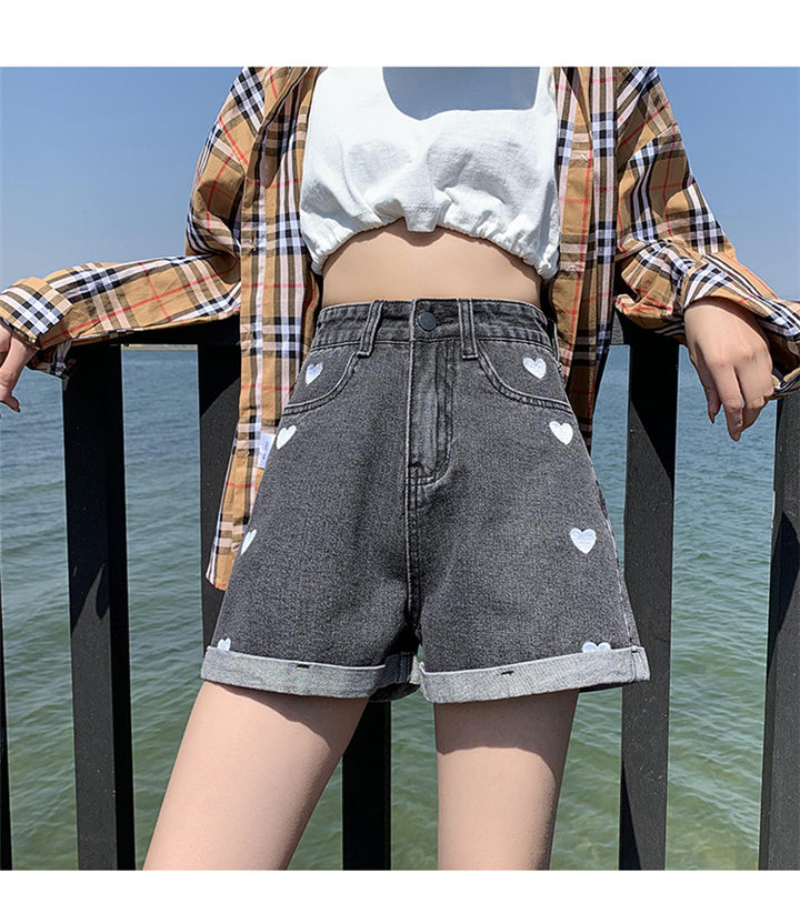 Female With Hearts High Waist Slimming Denim Shorts