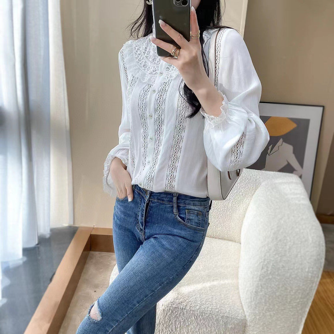 Niche Round Neck Lace Long Sleeve White Shirt Female Blouse